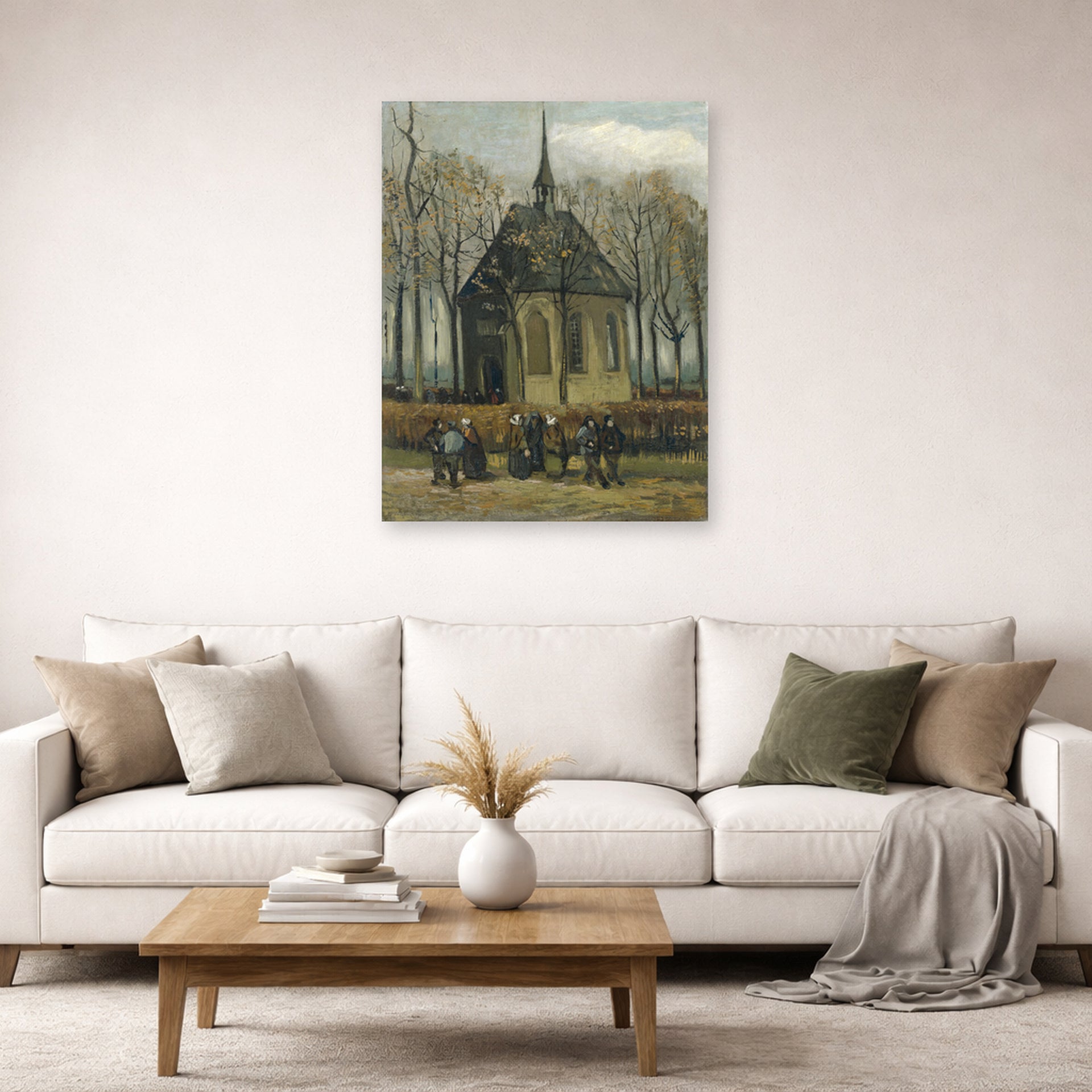 Unframed poster print of Vincent van Gogh's Congregation Leaving the Reformed Church in Nuenen displayed on a wall in a living room