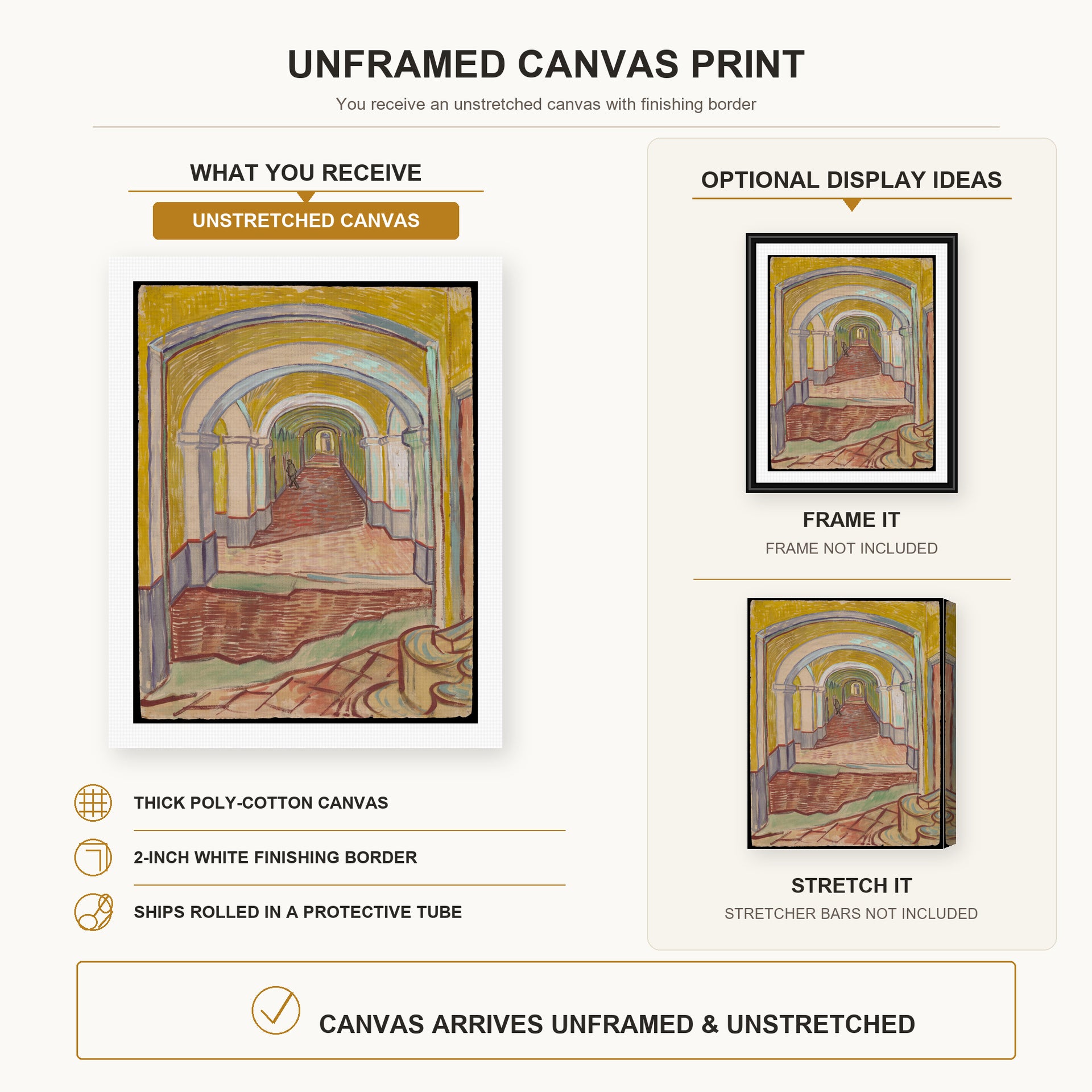 Vincent van Gogh - Corridor in the Asylum canvas print size comparison and framing display infographic