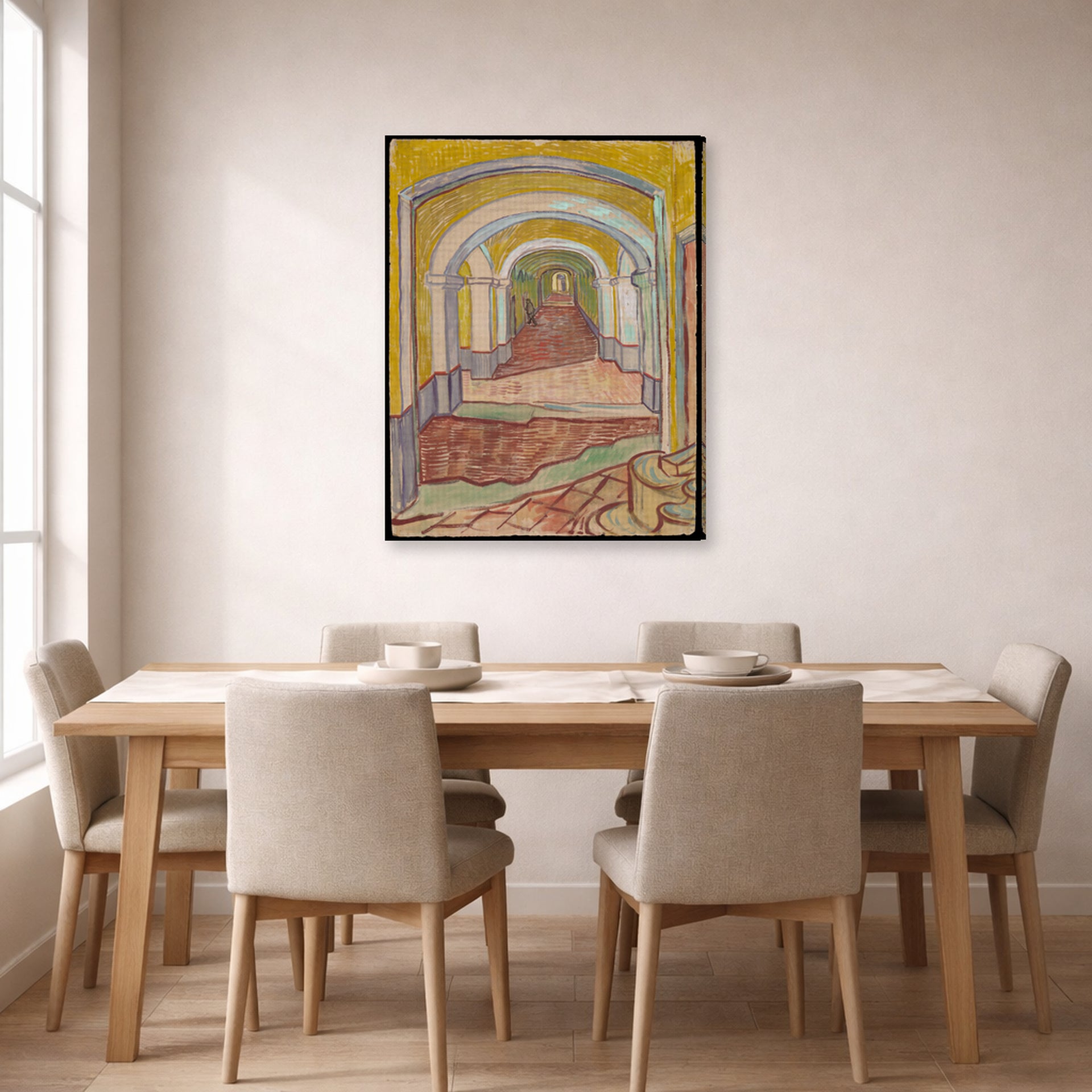 Gallery-wrapped canvas print of Vincent van Gogh's Corridor in the Asylum displayed on a wall in a dining room