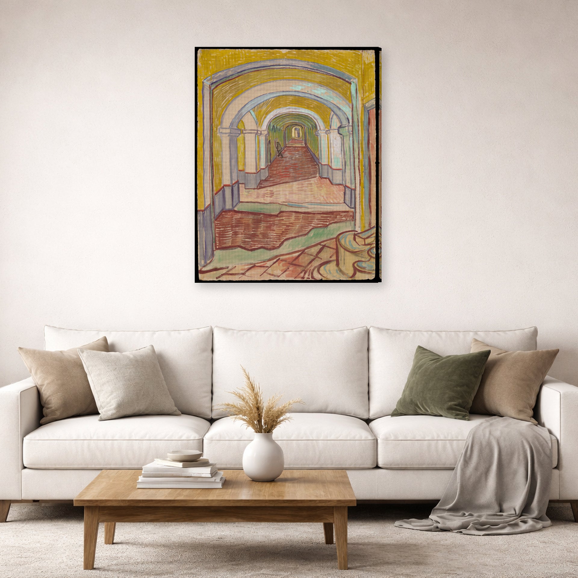 Gallery-wrapped canvas print of Vincent van Gogh's Corridor in the Asylum displayed on a wall in a living room