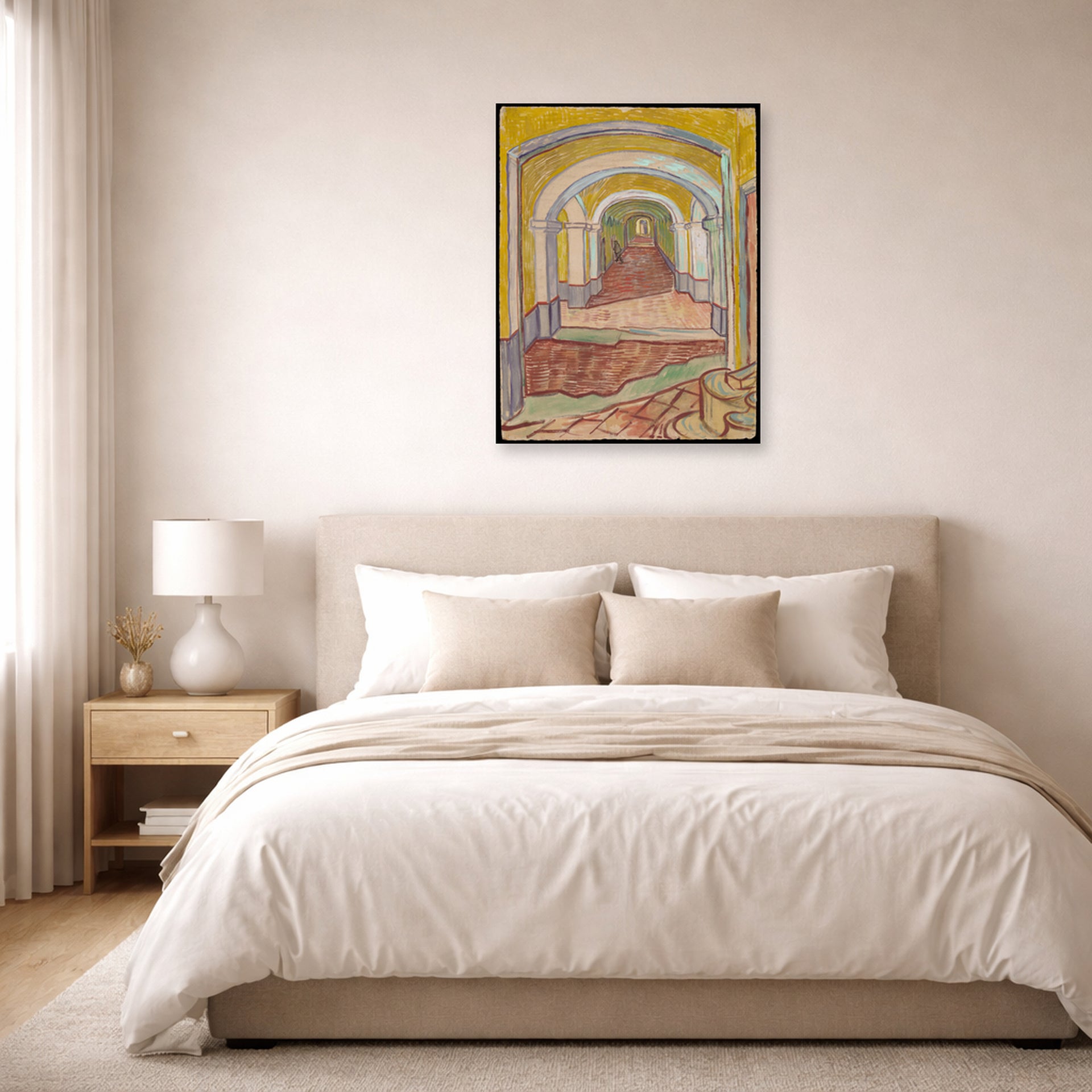 Unframed poster print of Vincent van Gogh's Corridor in the Asylum displayed on a wall in a bedroom