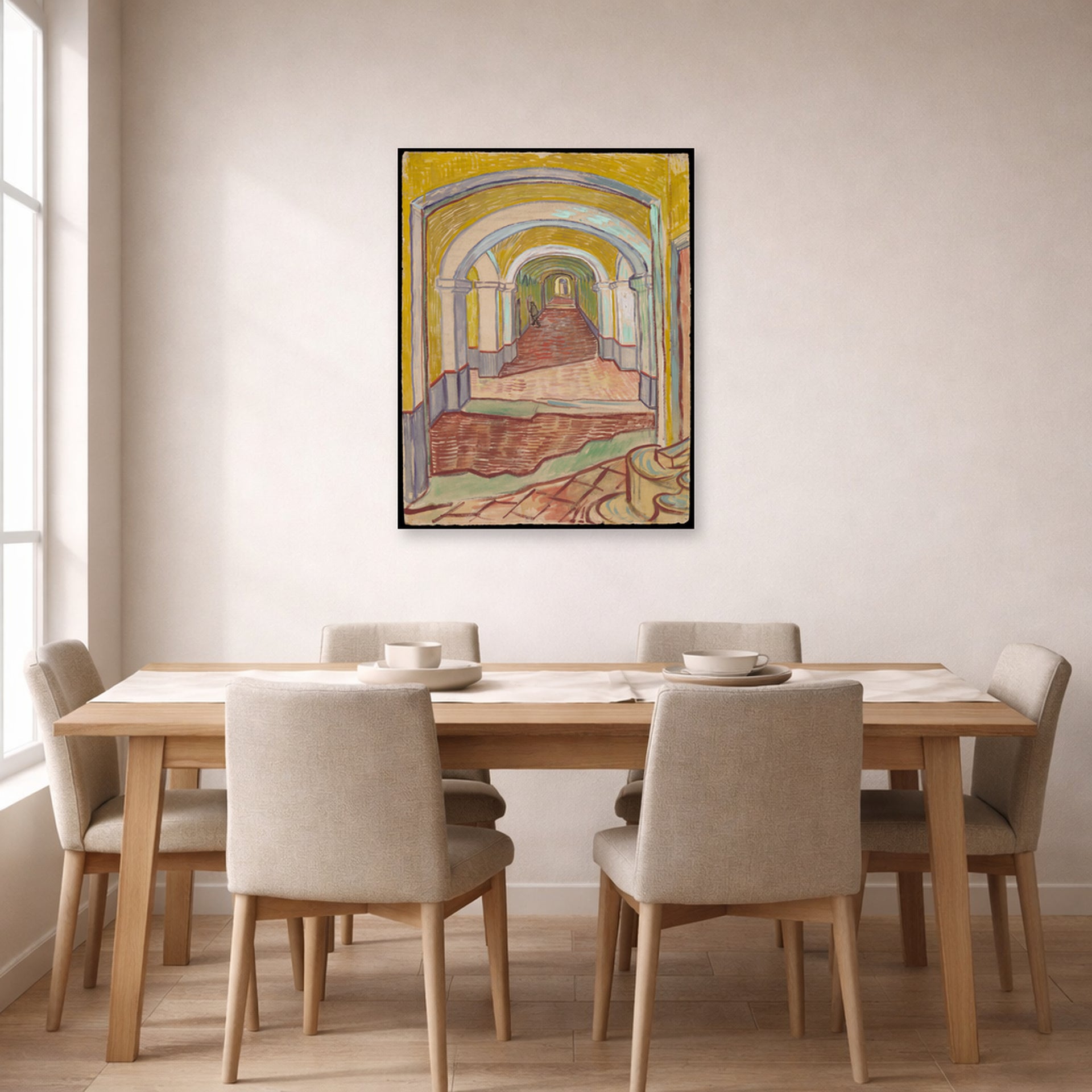 Unframed poster print of Vincent van Gogh's Corridor in the Asylum displayed on a wall in a dining room