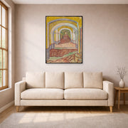 Unframed poster print of Vincent van Gogh's Corridor in the Asylum displayed on a wall in a living room