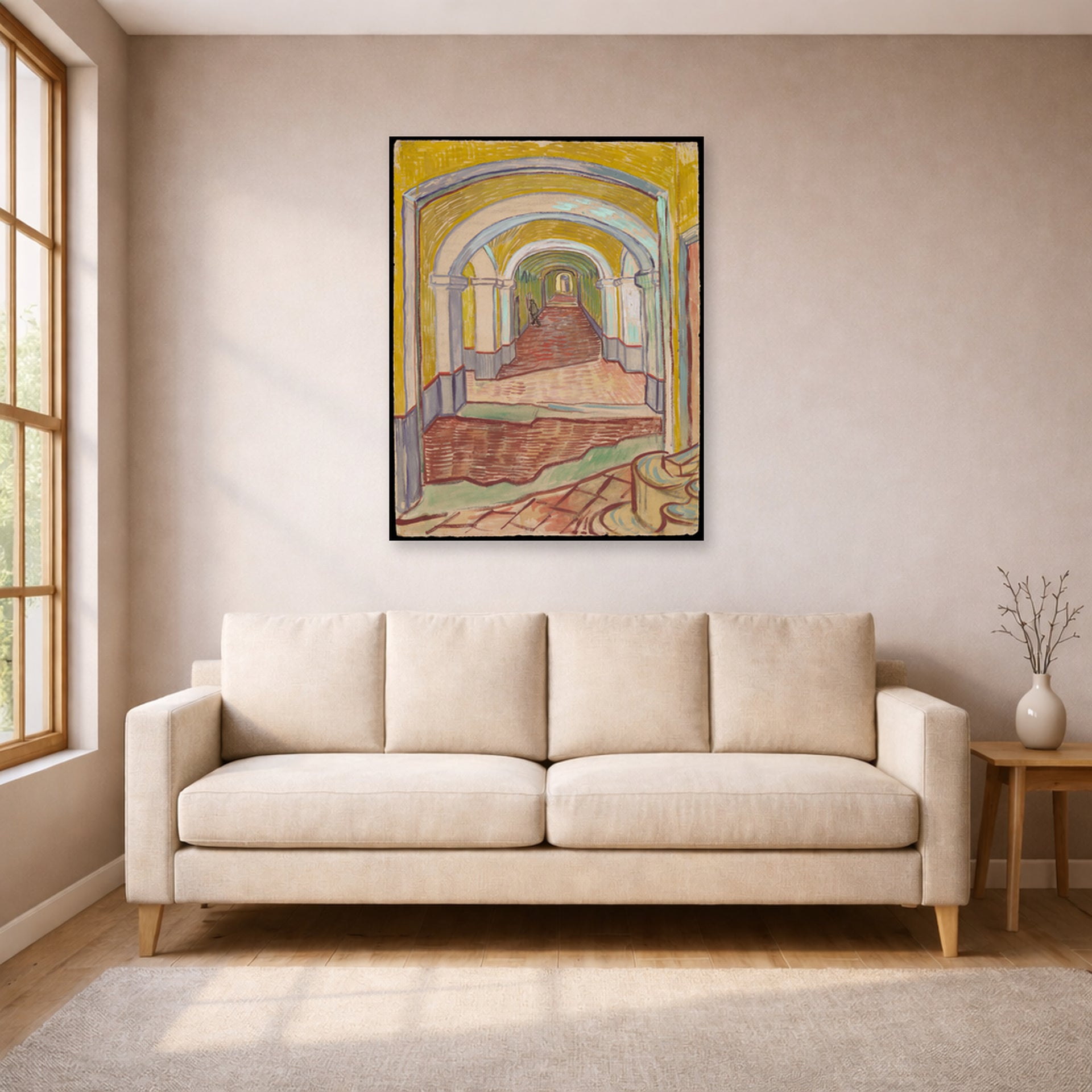 Unframed poster print of Vincent van Gogh's Corridor in the Asylum displayed on a wall in a living room