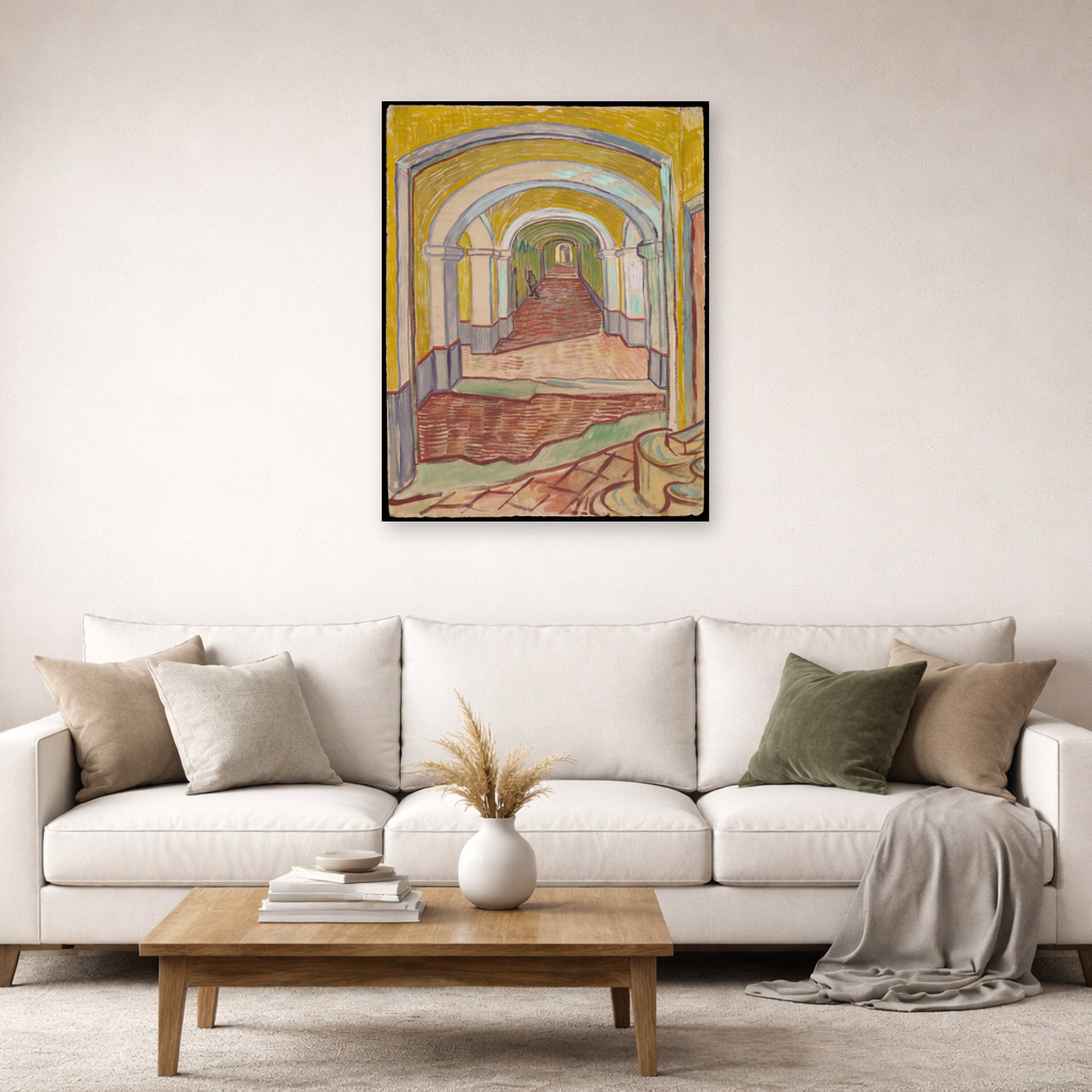 Unframed poster print of Vincent van Gogh's Corridor in the Asylum displayed on a wall in a living room