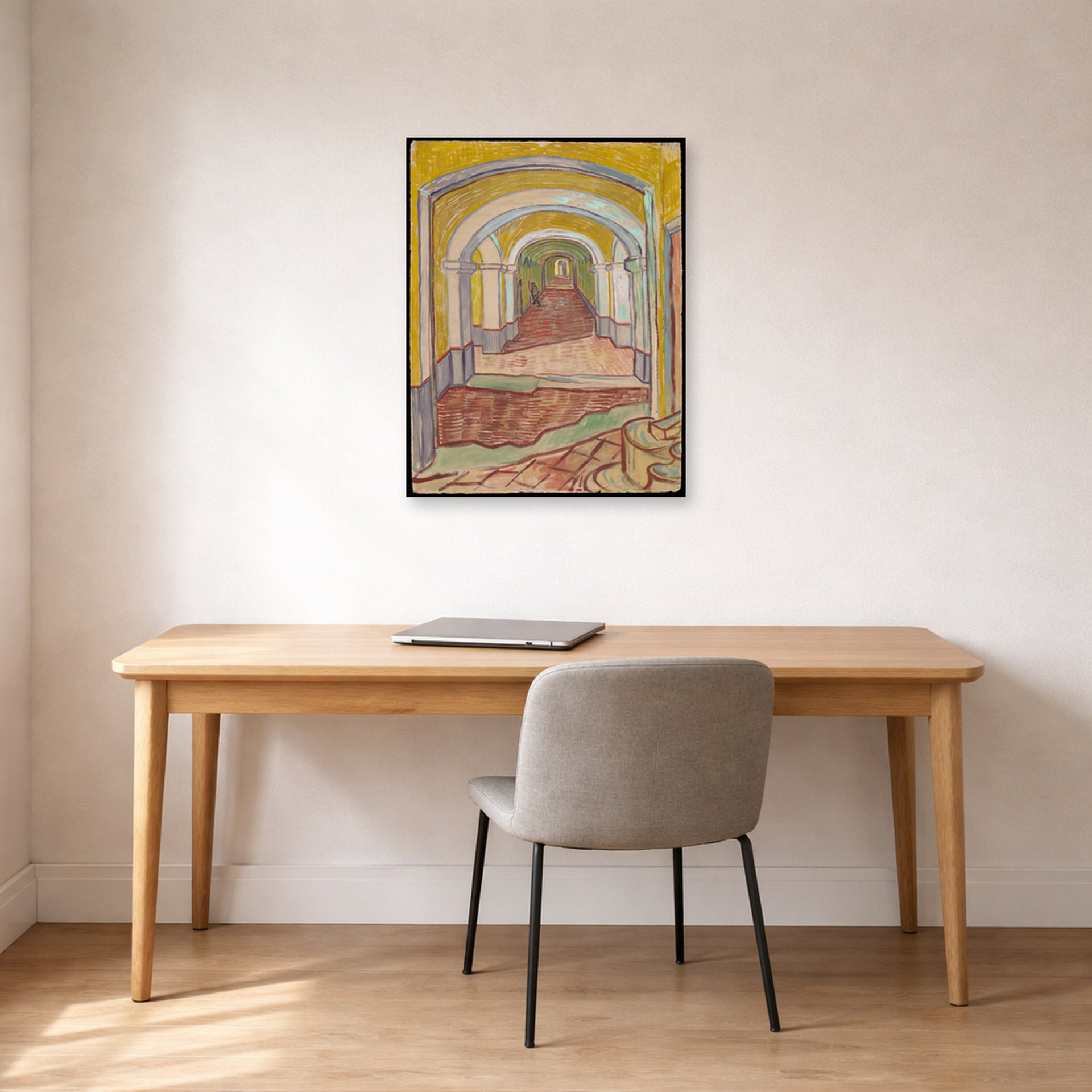 Unframed poster print of Vincent van Gogh's Corridor in the Asylum displayed on a wall in a home office