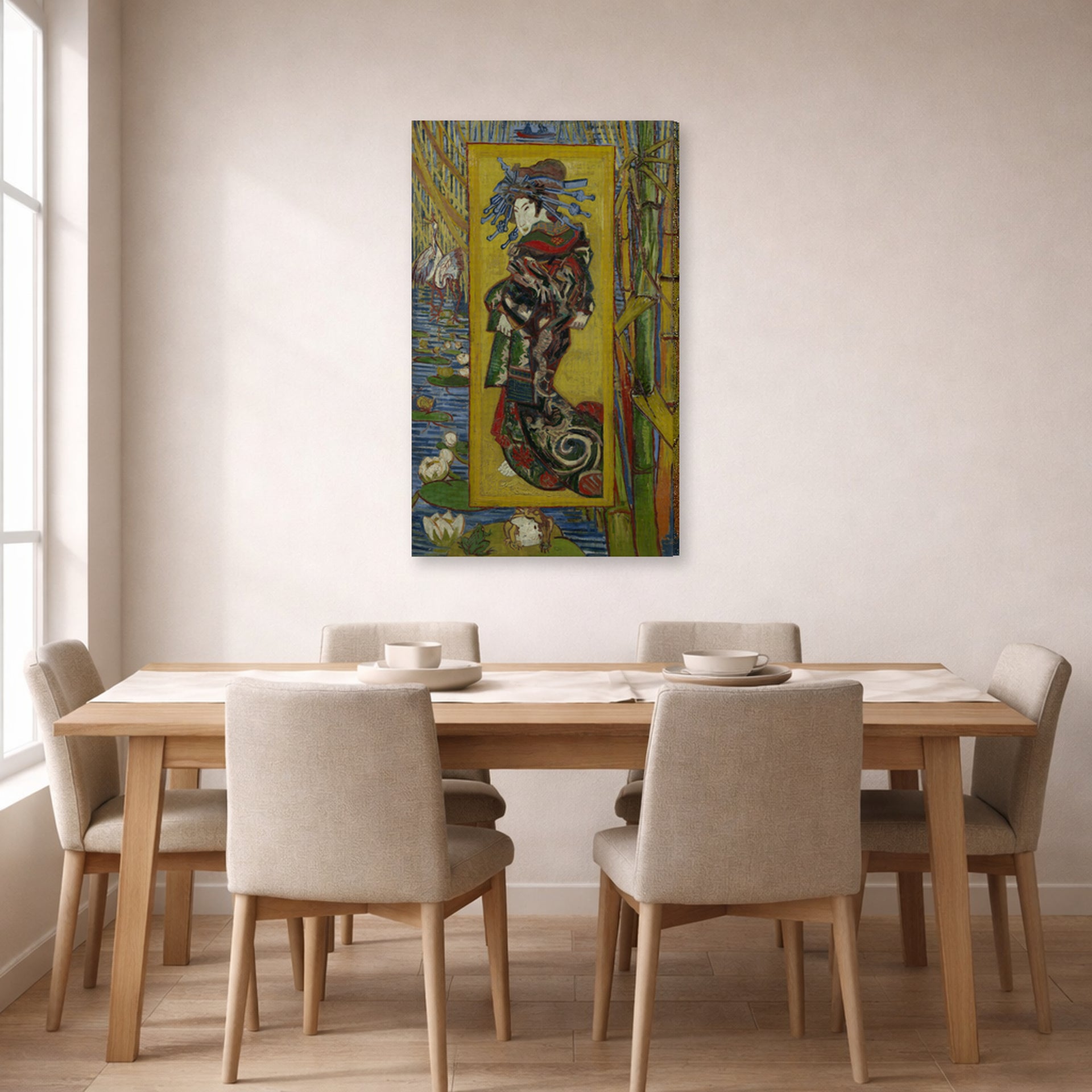 Gallery-wrapped canvas print of Vincent van Gogh's Courtesan displayed on a wall in a dining room