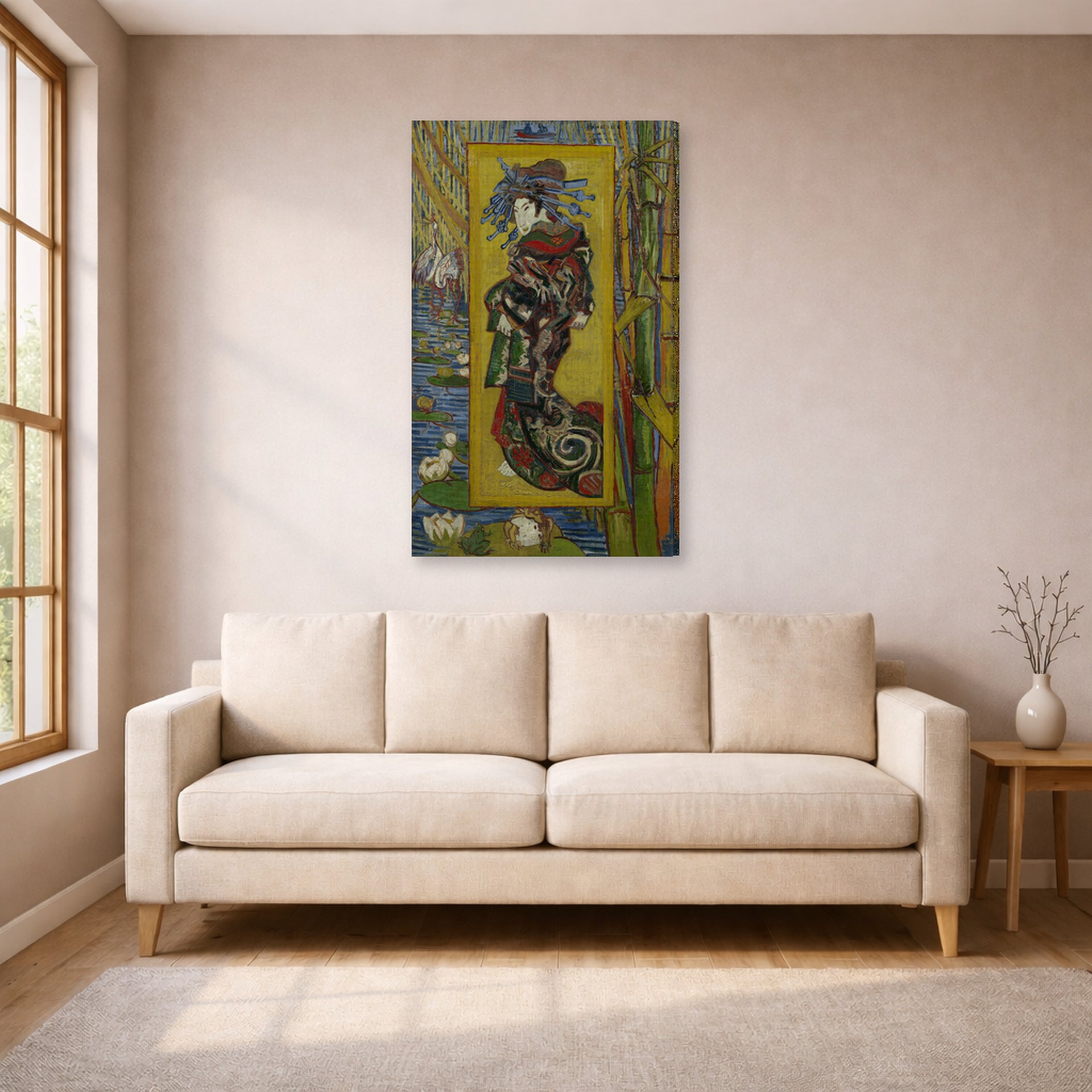 Gallery-wrapped canvas print of Vincent van Gogh's Courtesan displayed on a wall in a living room