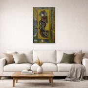 Gallery-wrapped canvas print of Vincent van Gogh's Courtesan displayed on a wall in a living room