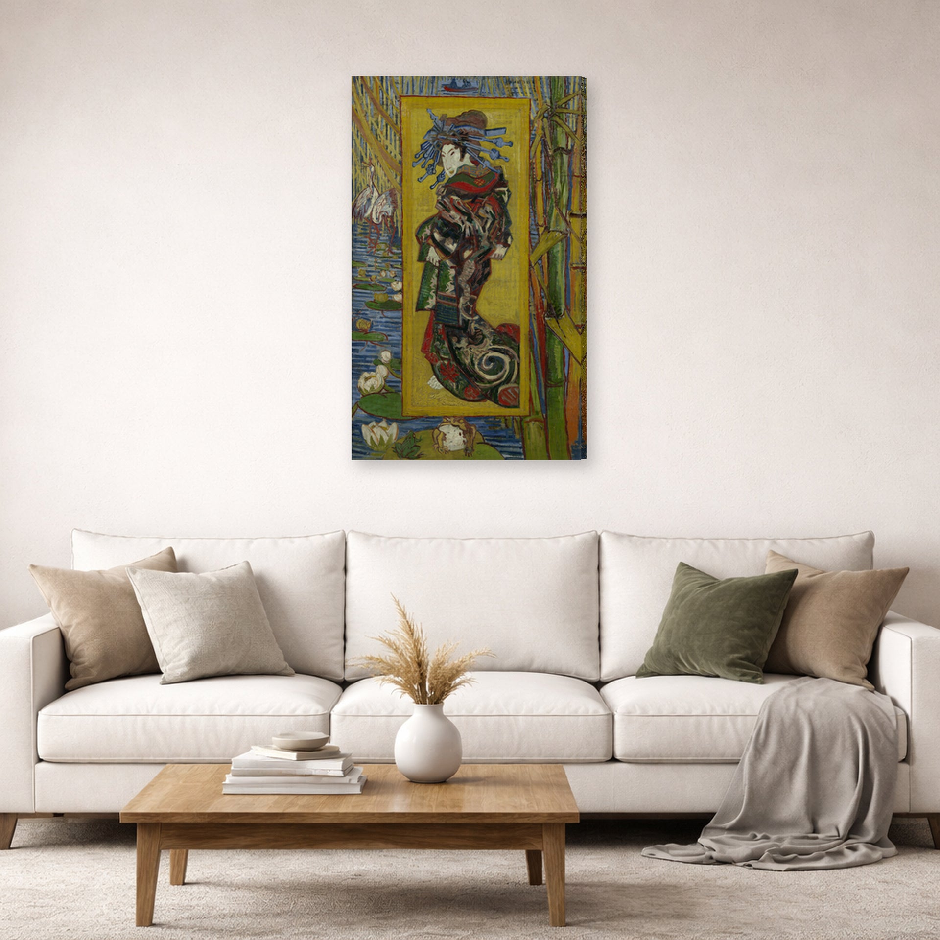 Gallery-wrapped canvas print of Vincent van Gogh's Courtesan displayed on a wall in a living room