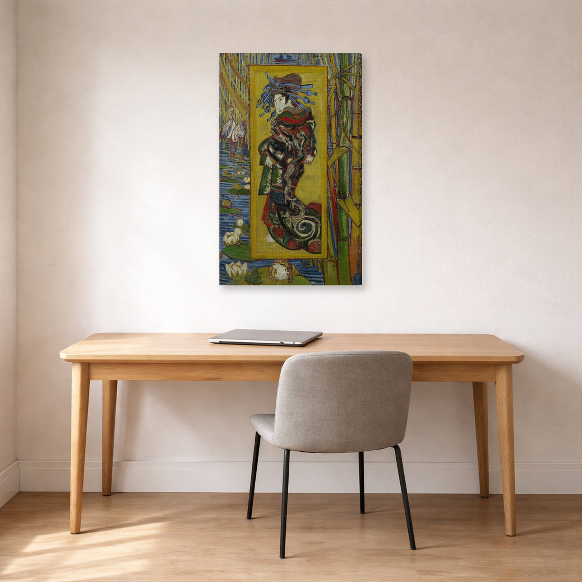 Gallery-wrapped canvas print of Vincent van Gogh's Courtesan displayed on a wall in a home office