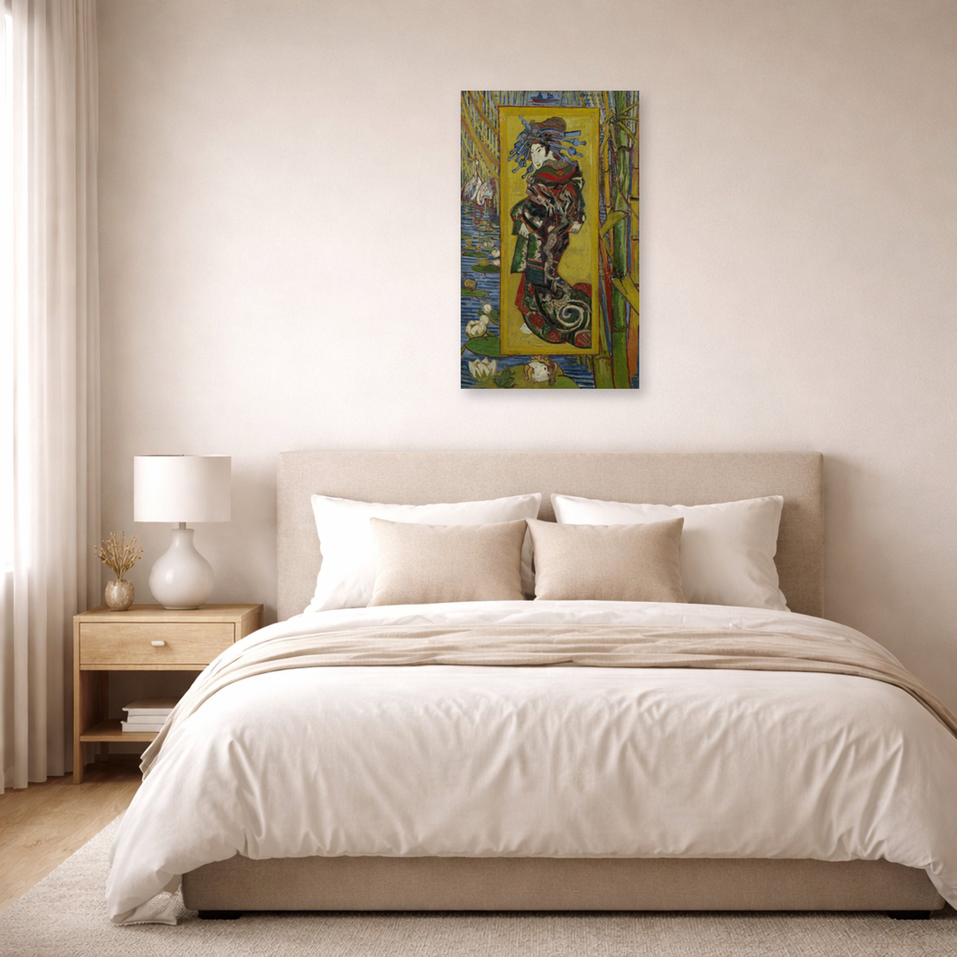 Unframed poster print of Vincent van Gogh's Courtesan displayed on a wall in a bedroom