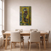 Unframed poster print of Vincent van Gogh's Courtesan displayed on a wall in a dining room