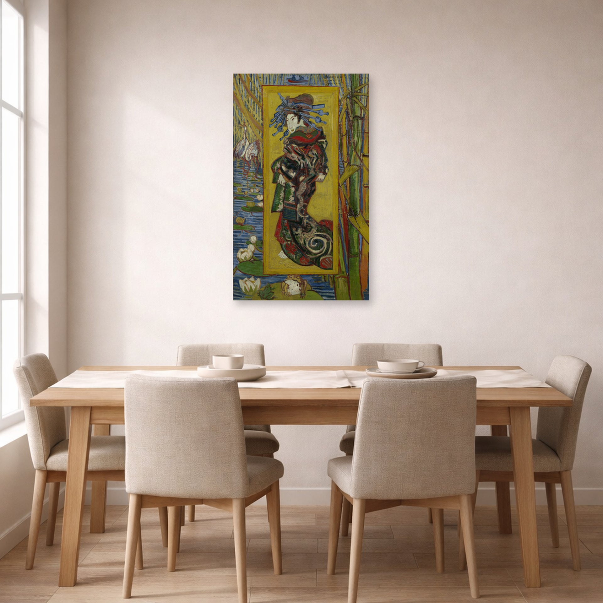 Unframed poster print of Vincent van Gogh's Courtesan displayed on a wall in a dining room