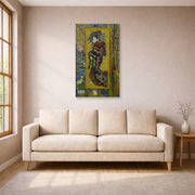 Unframed poster print of Vincent van Gogh's Courtesan displayed on a wall in a living room