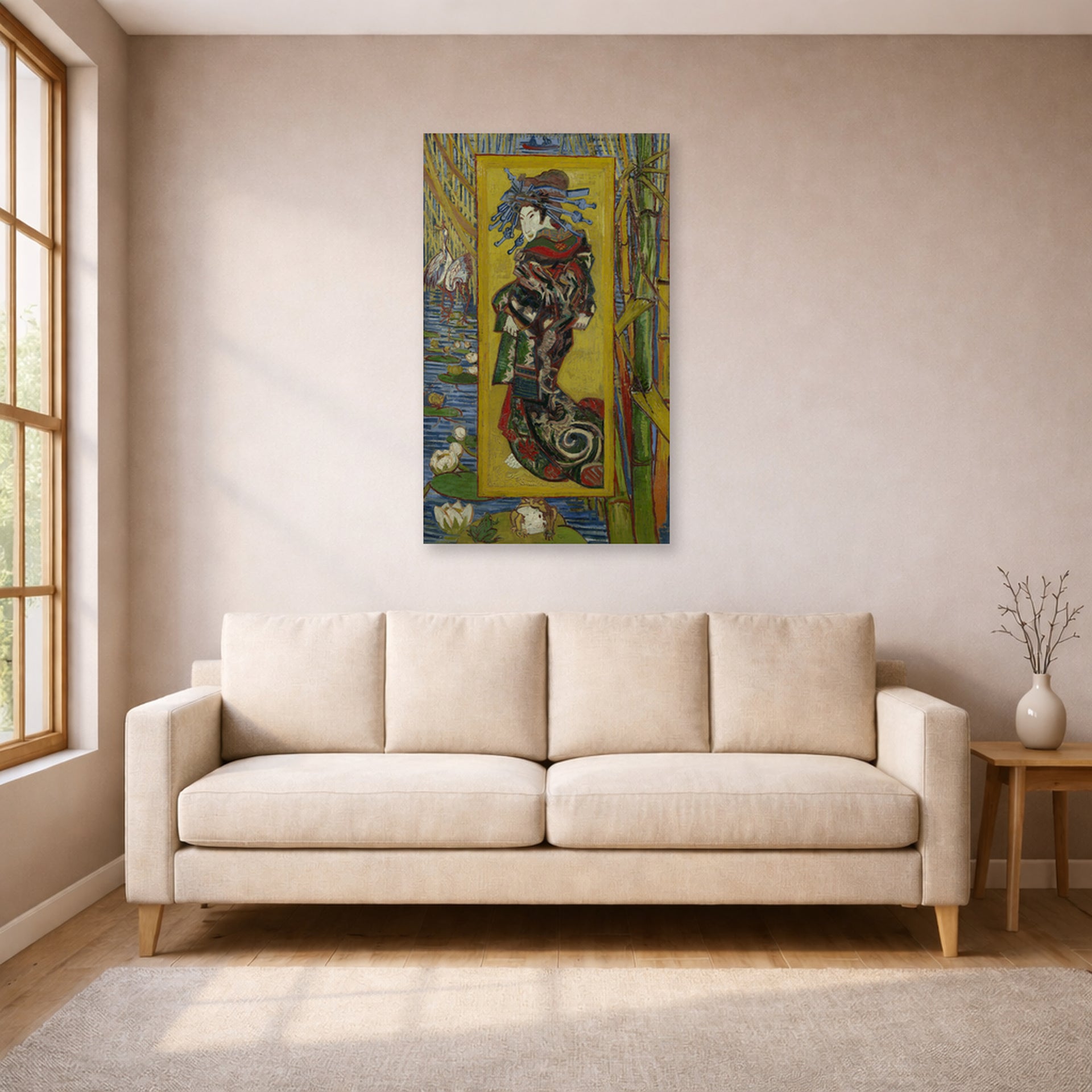 Unframed poster print of Vincent van Gogh's Courtesan displayed on a wall in a living room