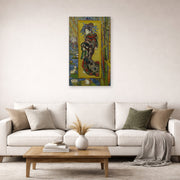 Unframed poster print of Vincent van Gogh's Courtesan displayed on a wall in a living room