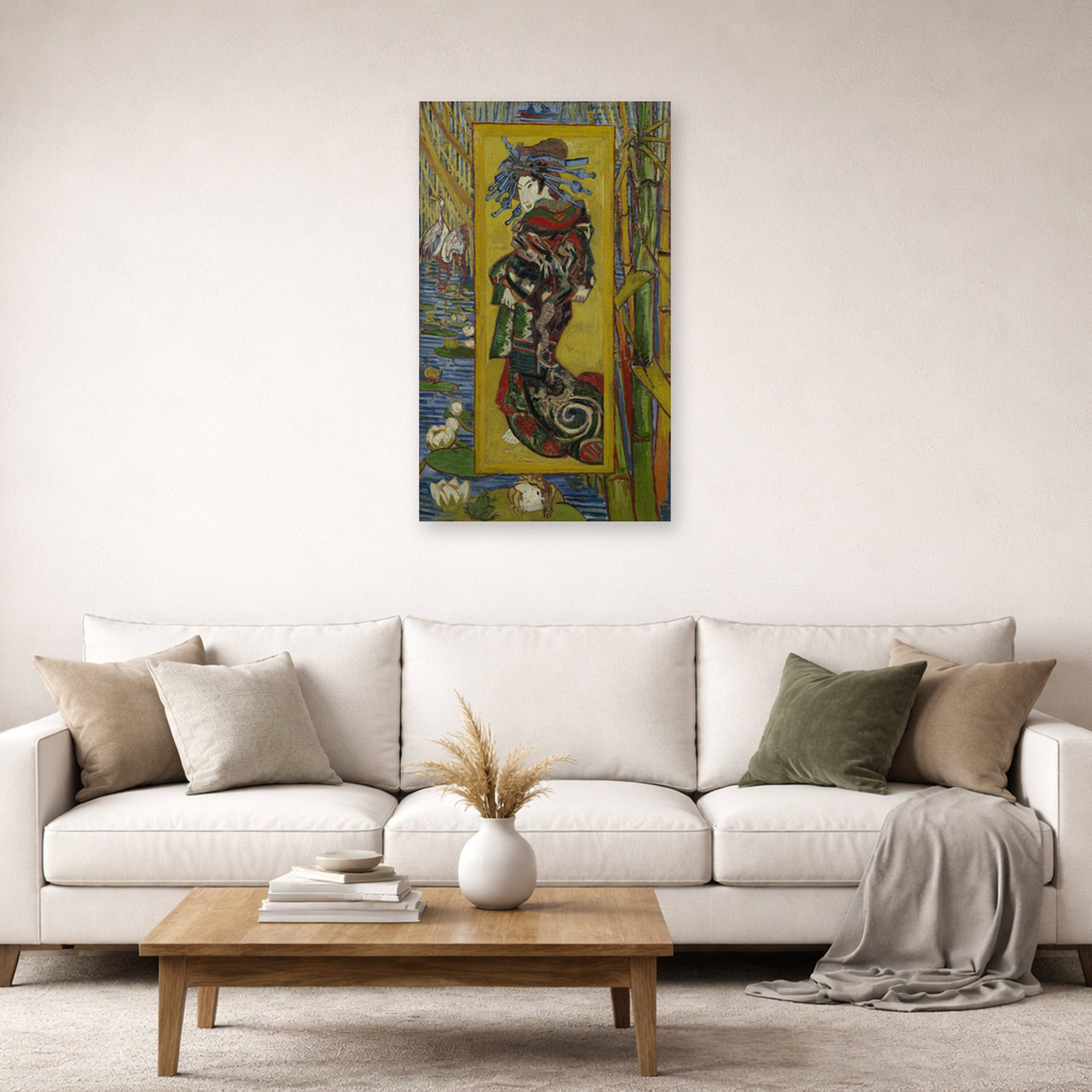 Unframed poster print of Vincent van Gogh's Courtesan displayed on a wall in a living room