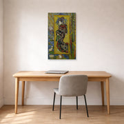 Unframed poster print of Vincent van Gogh's Courtesan displayed on a wall in a home office