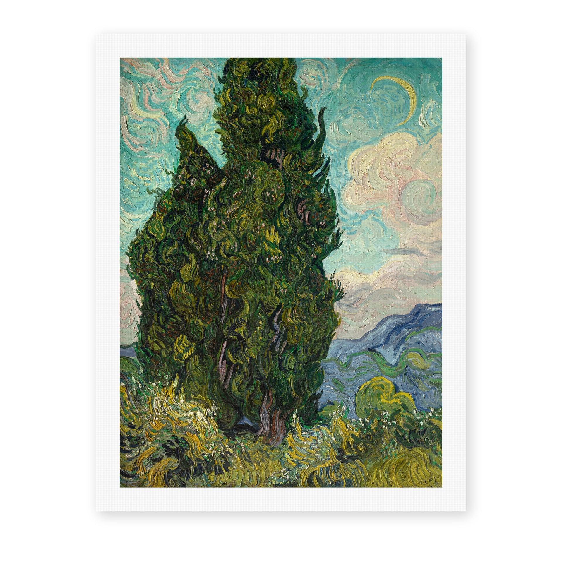 Vincent van Gogh's 'Cypresses' painting reproduced as a rolled canvas print