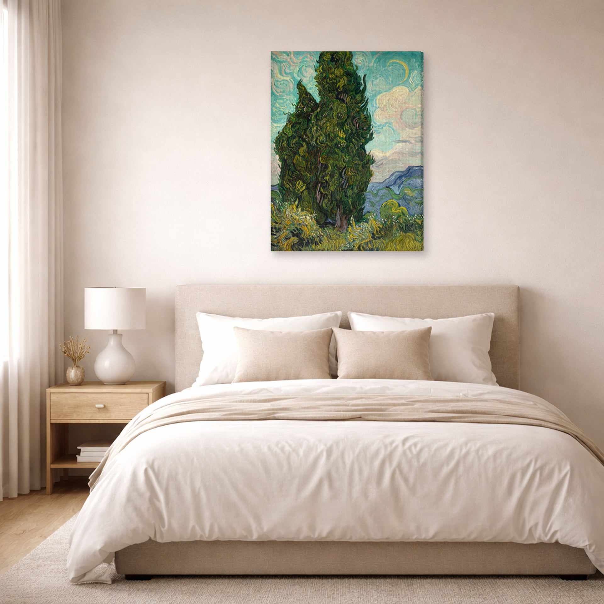 Gallery-wrapped canvas print of Vincent van Gogh's Cypresses displayed on a wall in a bedroom
