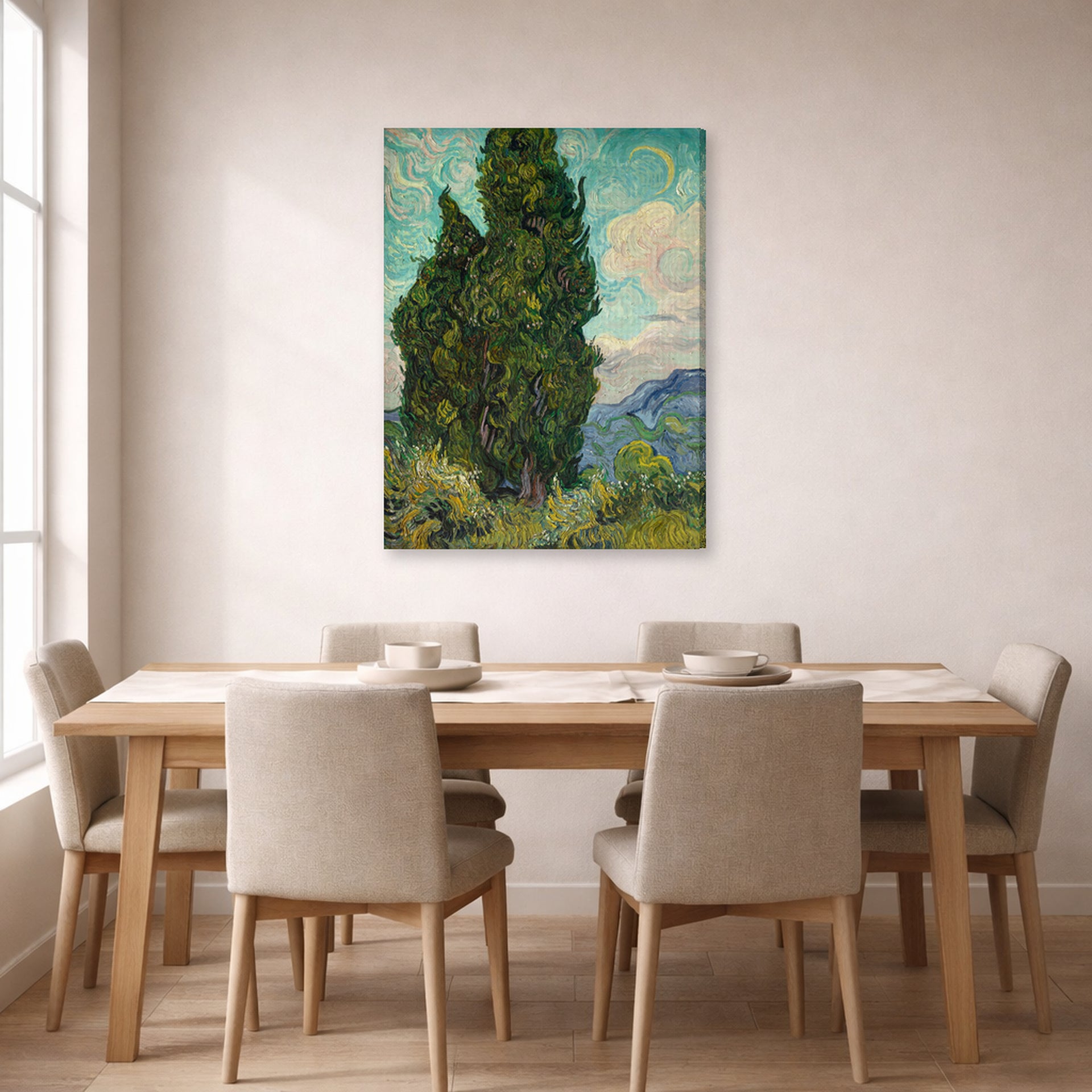 Gallery-wrapped canvas print of Vincent van Gogh's Cypresses displayed on a wall in a dining room