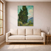 Gallery-wrapped canvas print of Vincent van Gogh's Cypresses displayed on a wall in a living room