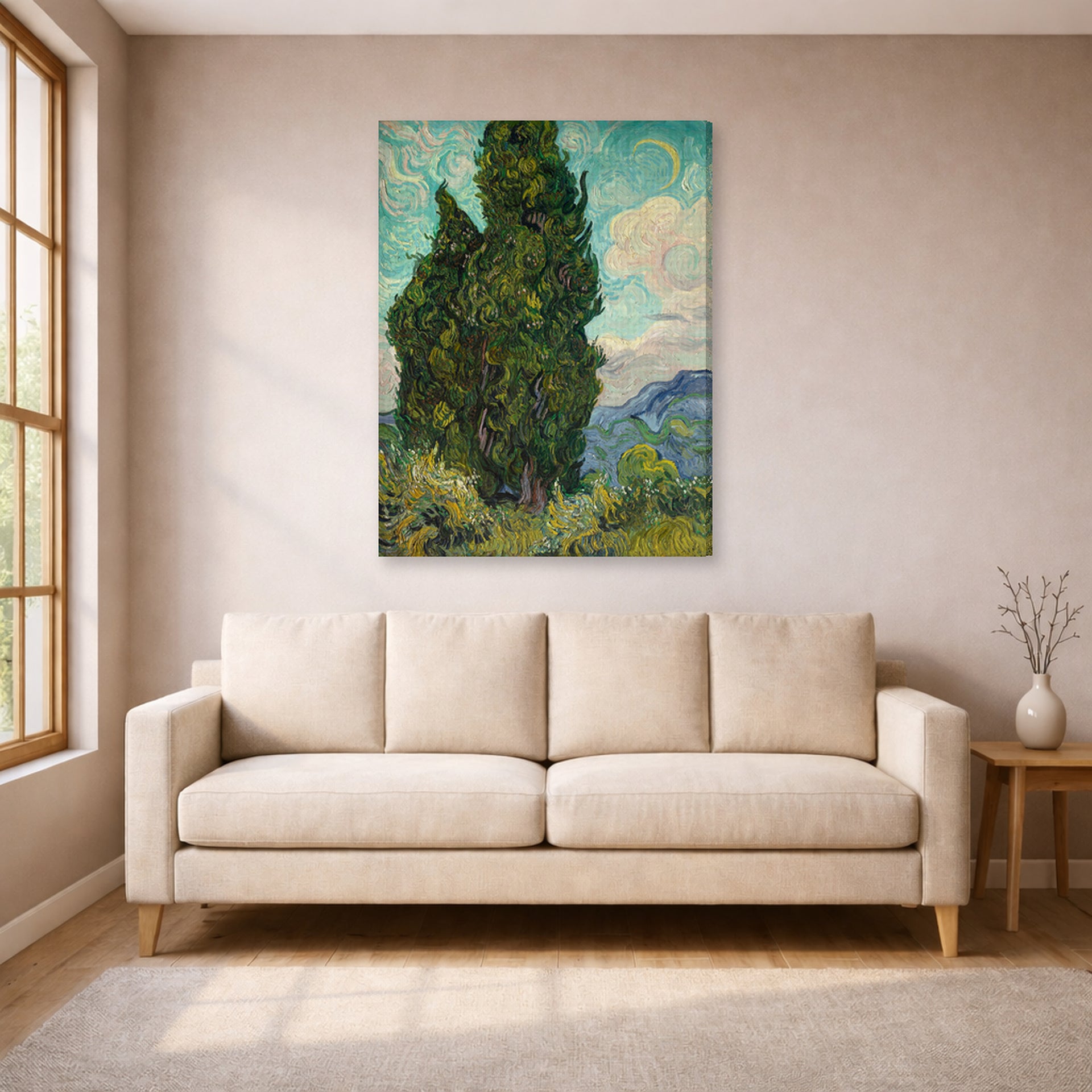 Gallery-wrapped canvas print of Vincent van Gogh's Cypresses displayed on a wall in a living room