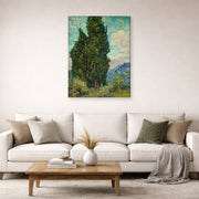 Gallery-wrapped canvas print of Vincent van Gogh's Cypresses displayed on a wall in a living room
