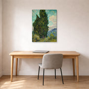 Gallery-wrapped canvas print of Vincent van Gogh's Cypresses displayed on a wall in a home office