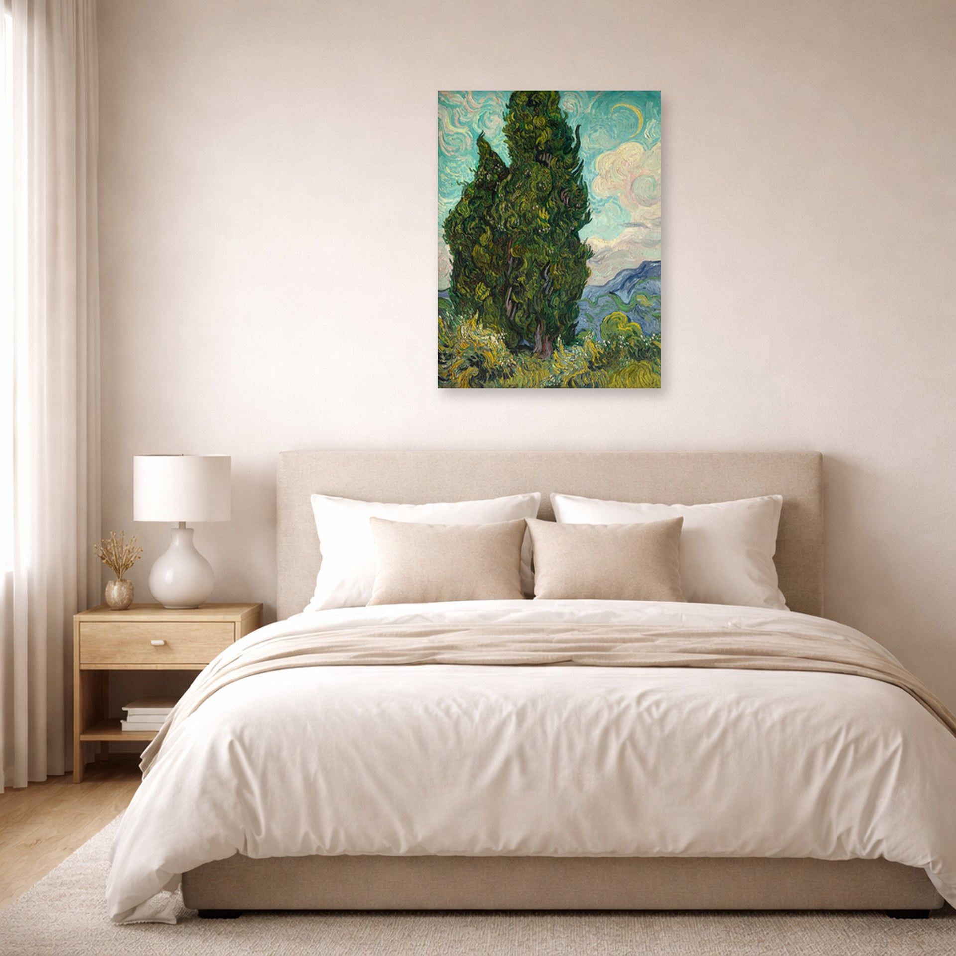 Unframed poster print of Vincent van Gogh's Cypresses displayed on a wall in a bedroom