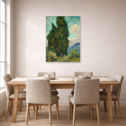Unframed poster print of Vincent van Gogh's Cypresses displayed on a wall in a dining room