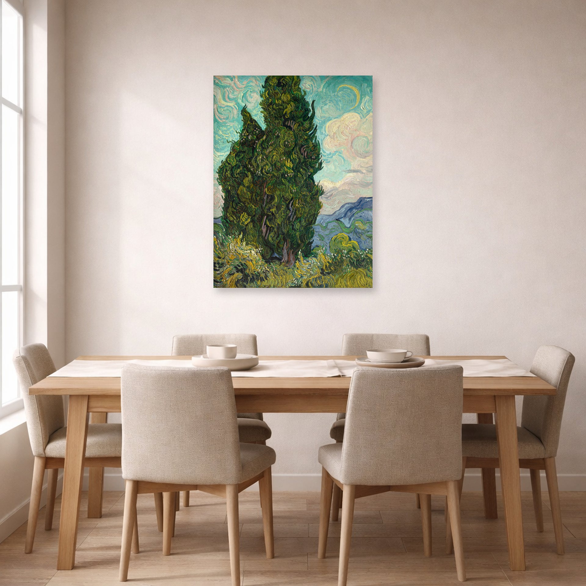 Unframed poster print of Vincent van Gogh's Cypresses displayed on a wall in a dining room