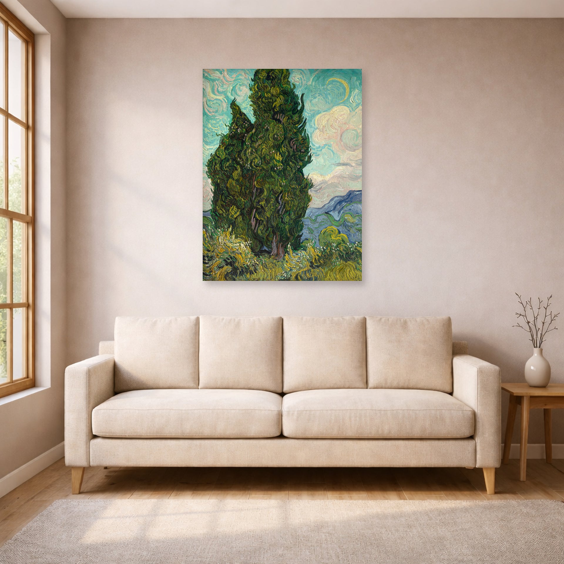 Unframed poster print of Vincent van Gogh's Cypresses displayed on a wall in a living room