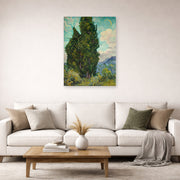 Unframed poster print of Vincent van Gogh's Cypresses displayed on a wall in a living room