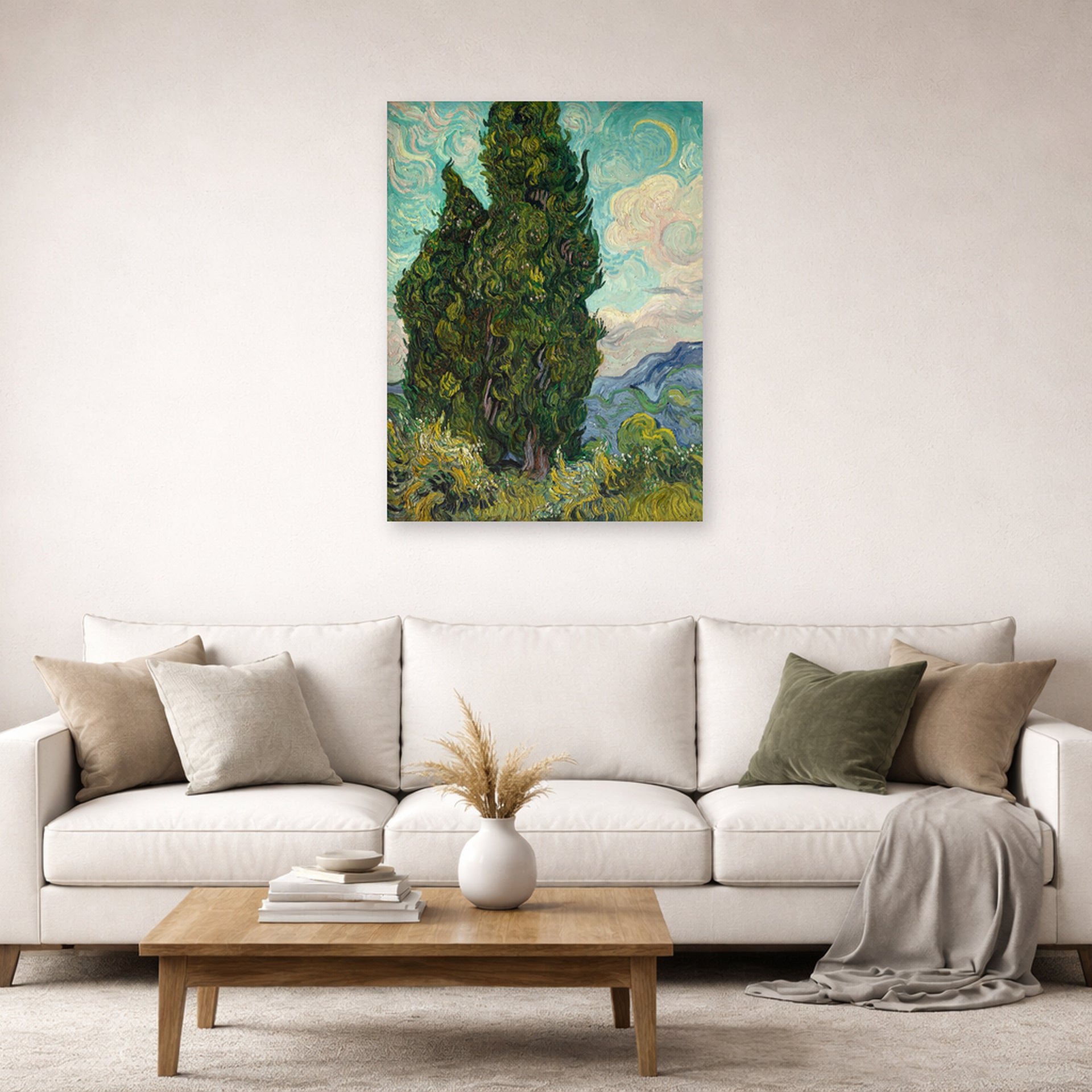 Unframed poster print of Vincent van Gogh's Cypresses displayed on a wall in a living room