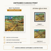 Vincent van Gogh - Enclosed Wheat Field with Peasant canvas print size comparison and framing display infographic