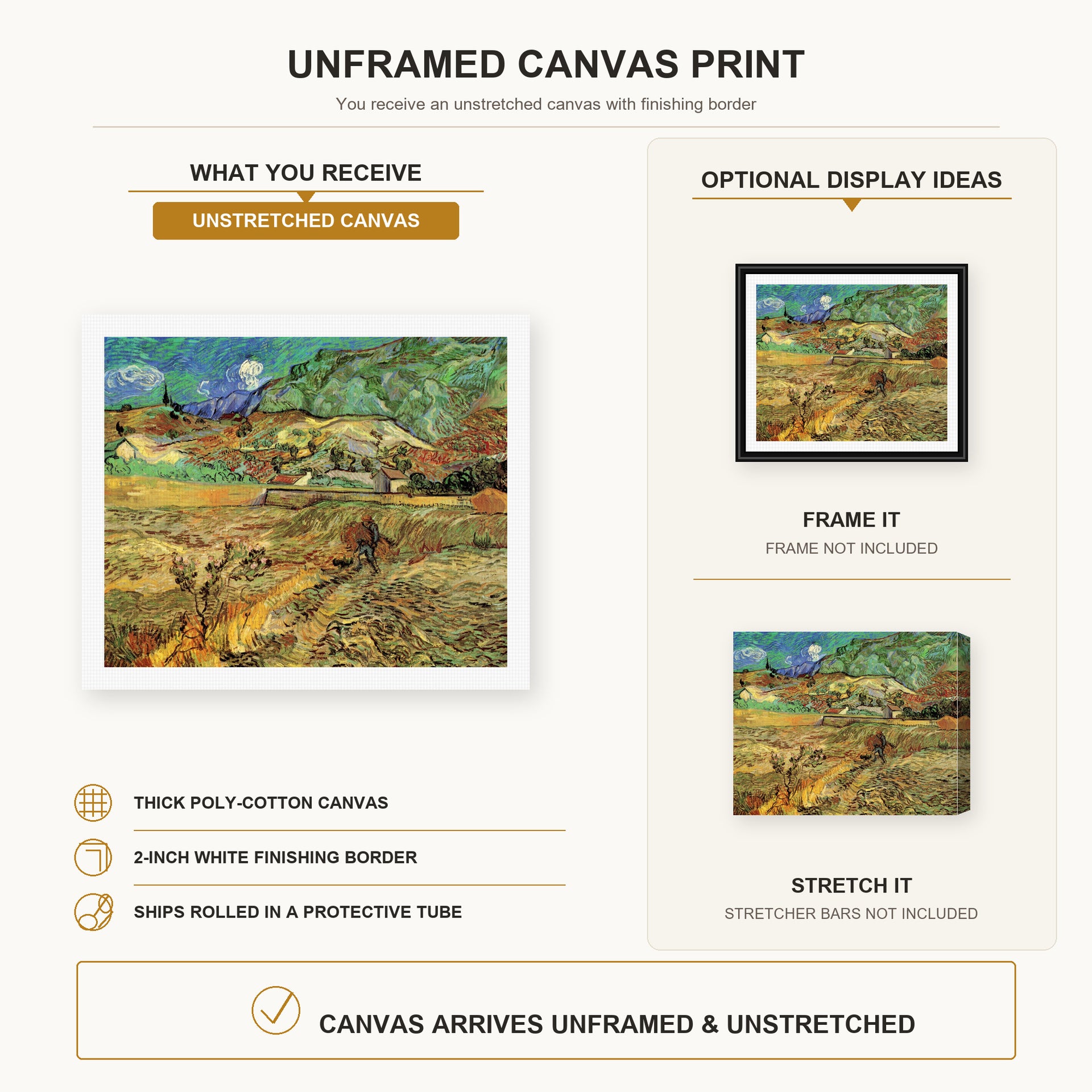 Vincent van Gogh - Enclosed Wheat Field with Peasant canvas print size comparison and framing display infographic