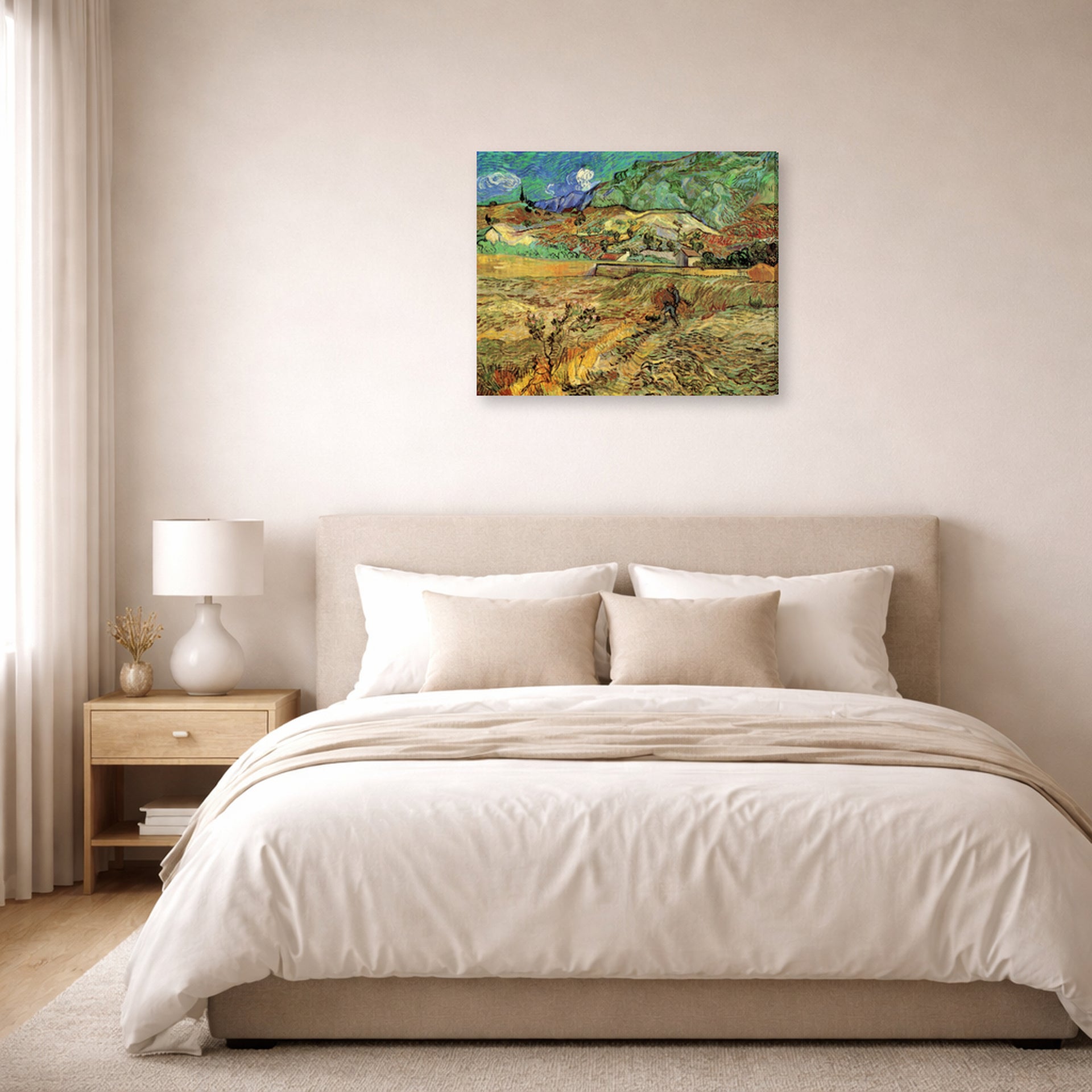 Gallery-wrapped canvas print of Vincent van Gogh's Enclosed Wheat Field with Peasant displayed on a wall in a bedroom