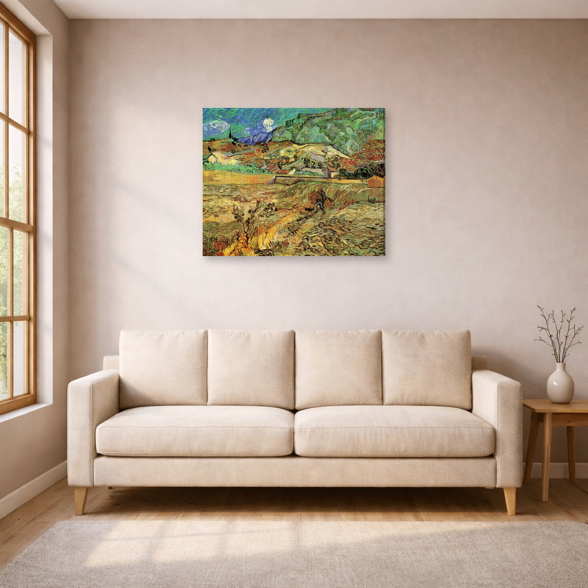 Gallery-wrapped canvas print of Vincent van Gogh's Enclosed Wheat Field with Peasant displayed on a wall in a living room