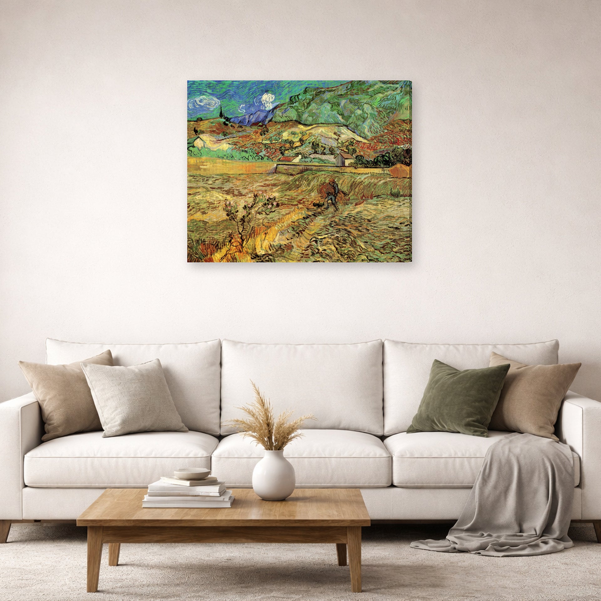 Gallery-wrapped canvas print of Vincent van Gogh's Enclosed Wheat Field with Peasant displayed on a wall in a living room
