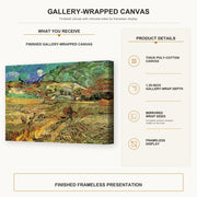 Vincent van Gogh - Enclosed Wheat Field with Peasant gallery wrap canvas construction and hanging details infographic