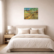 Unframed poster print of Vincent van Gogh's Enclosed Wheat Field with Peasant displayed on a wall in a bedroom