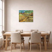 Unframed poster print of Vincent van Gogh's Enclosed Wheat Field with Peasant displayed on a wall in a dining room