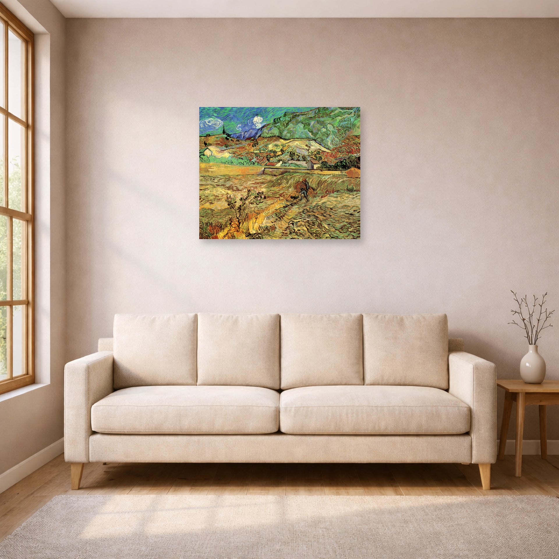 Unframed poster print of Vincent van Gogh's Enclosed Wheat Field with Peasant displayed on a wall in a living room