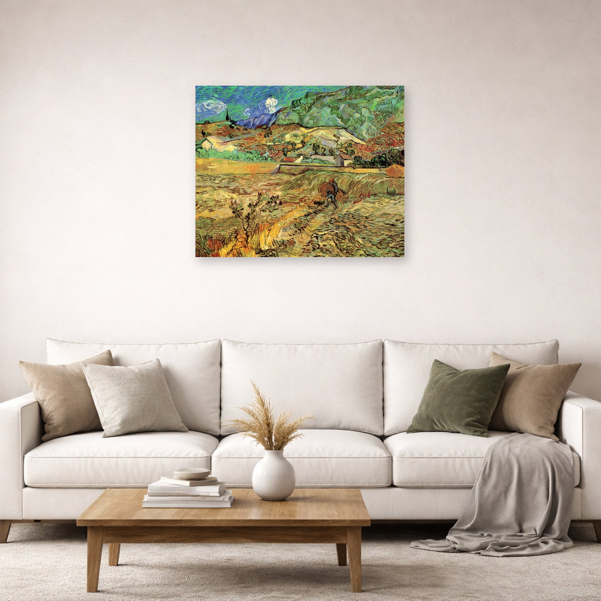 Unframed poster print of Vincent van Gogh's Enclosed Wheat Field with Peasant displayed on a wall in a living room