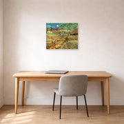 Unframed poster print of Vincent van Gogh's Enclosed Wheat Field with Peasant displayed on a wall in a home office