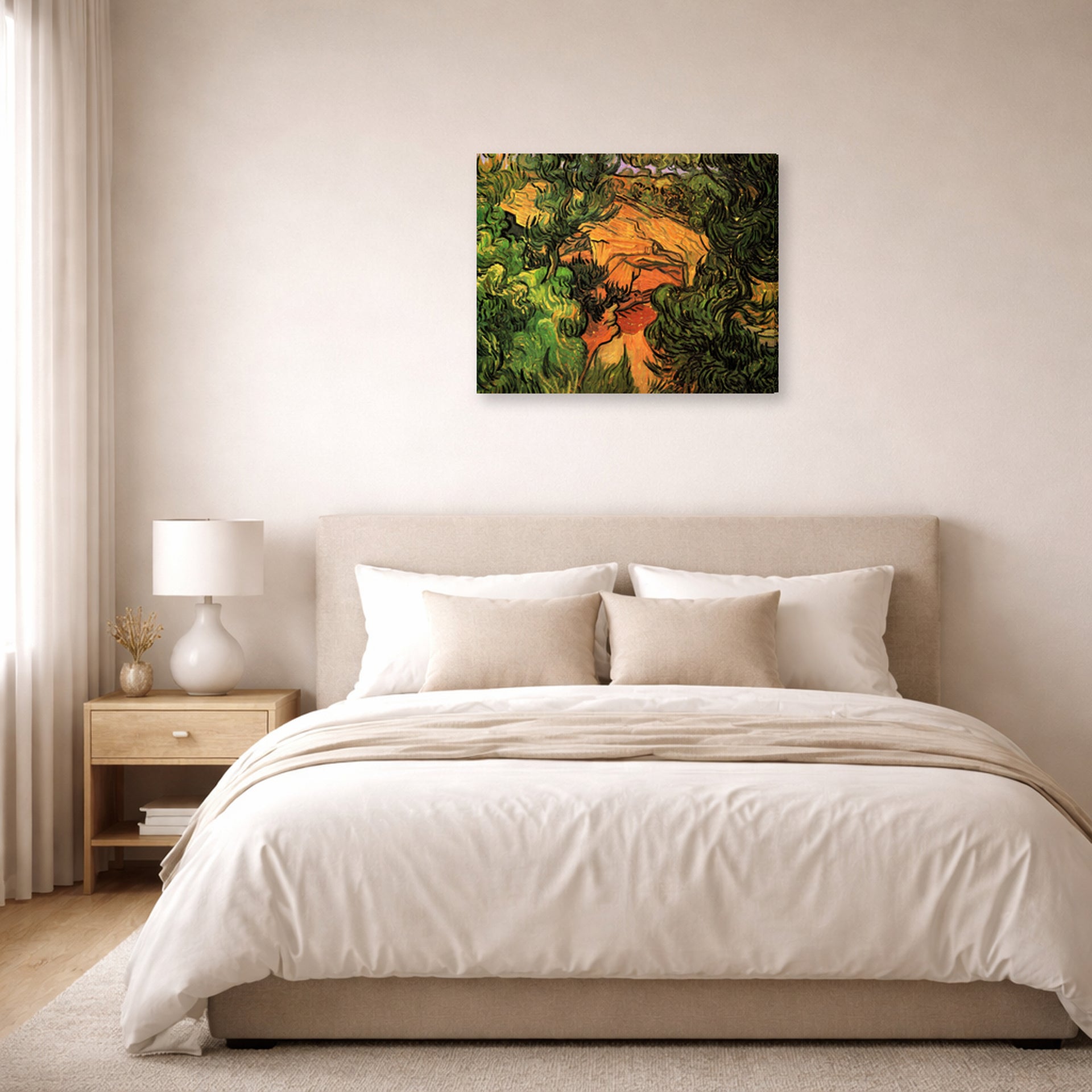 Gallery-wrapped canvas print of Vincent van Gogh's Entrance to a Quarry displayed on a wall in a bedroom