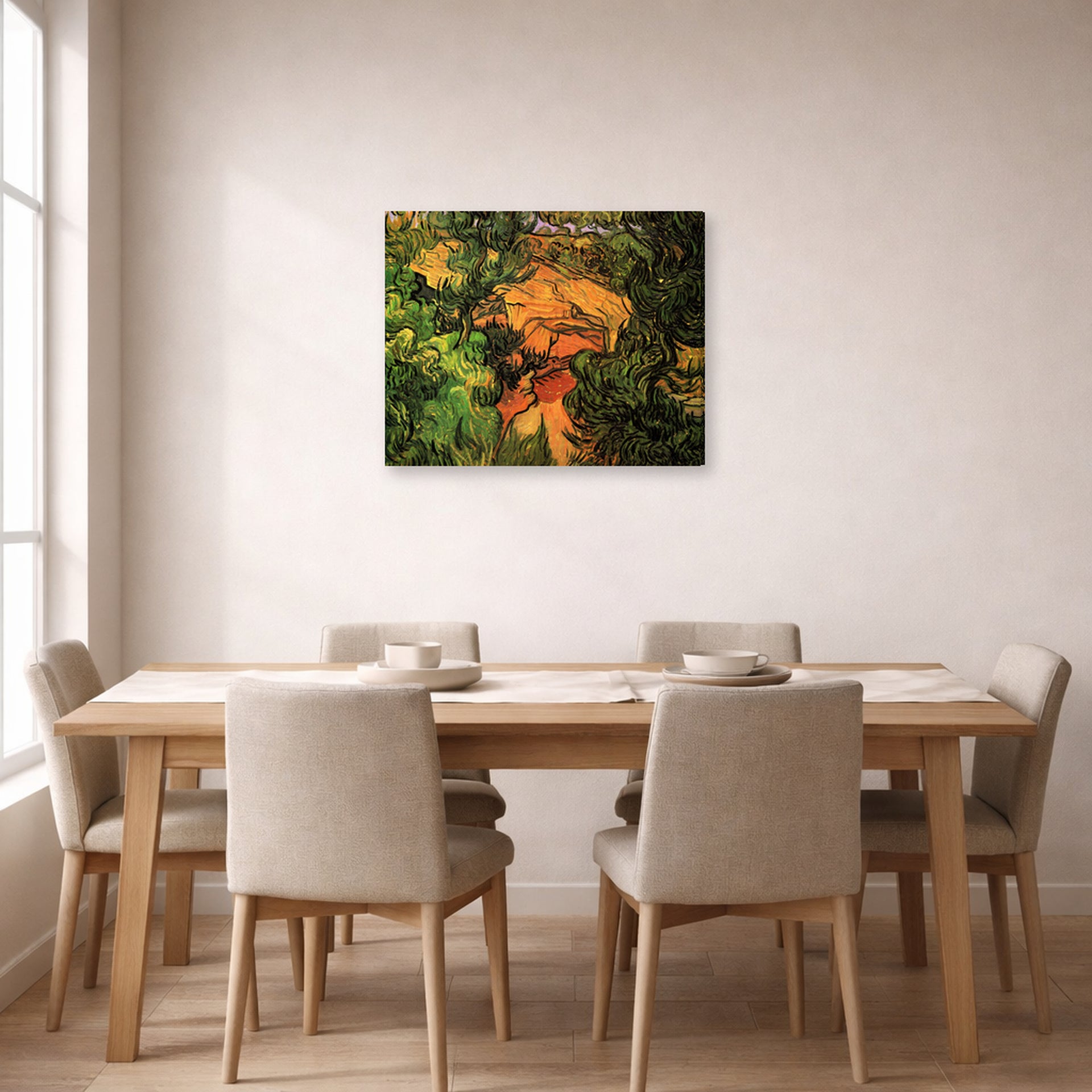 Gallery-wrapped canvas print of Vincent van Gogh's Entrance to a Quarry displayed on a wall in a dining room