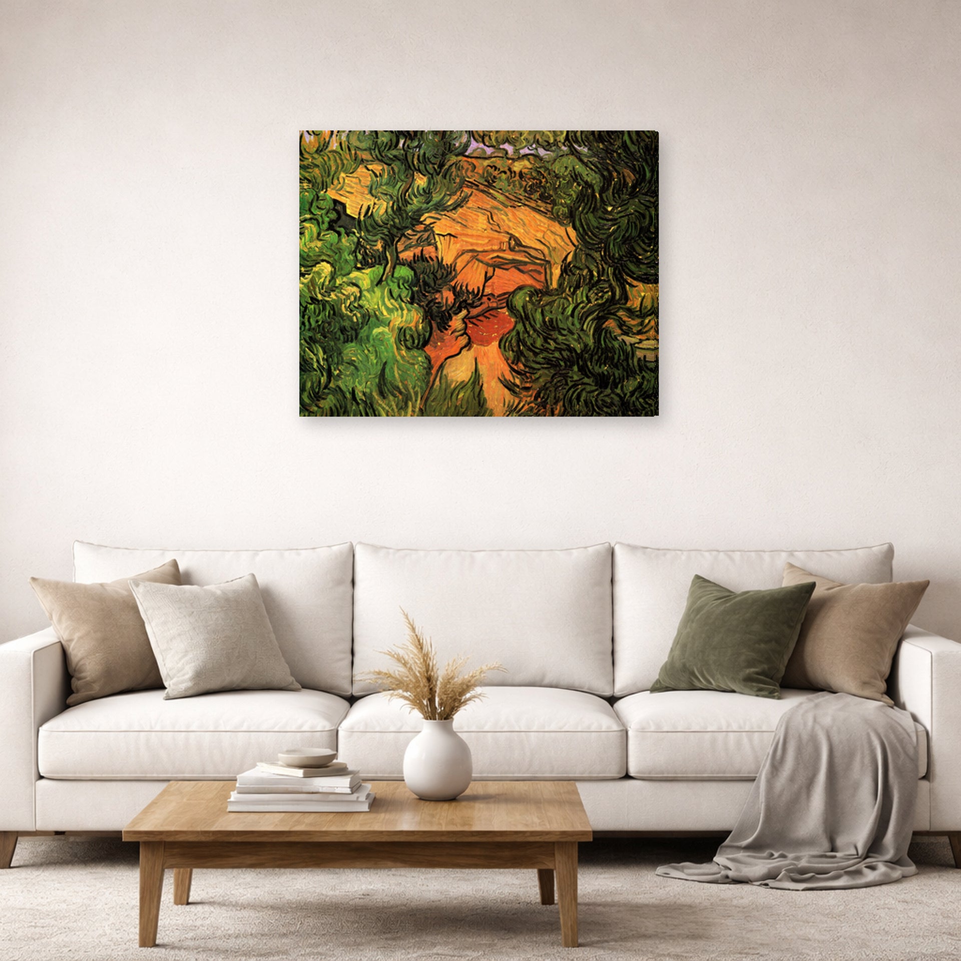 Gallery-wrapped canvas print of Vincent van Gogh's Entrance to a Quarry displayed on a wall in a living room